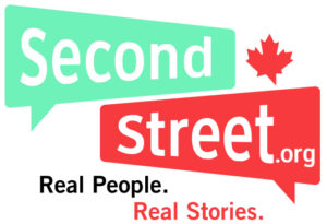 blue speech bubble with the word 'second', orange speech bubble with the word 'street', maple leaf, real people. real stories.