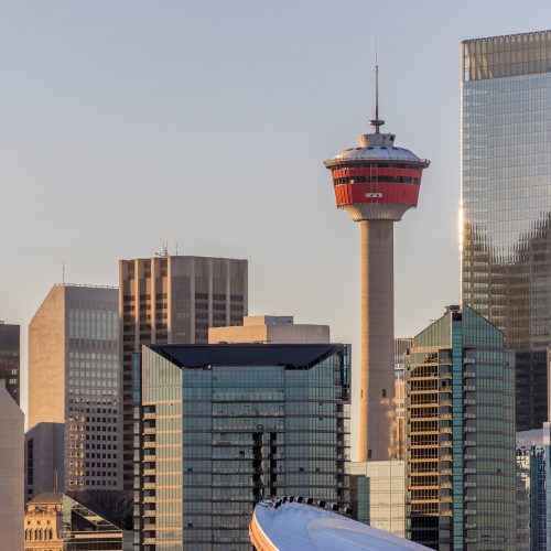 Calgary city skyline in warm evening light